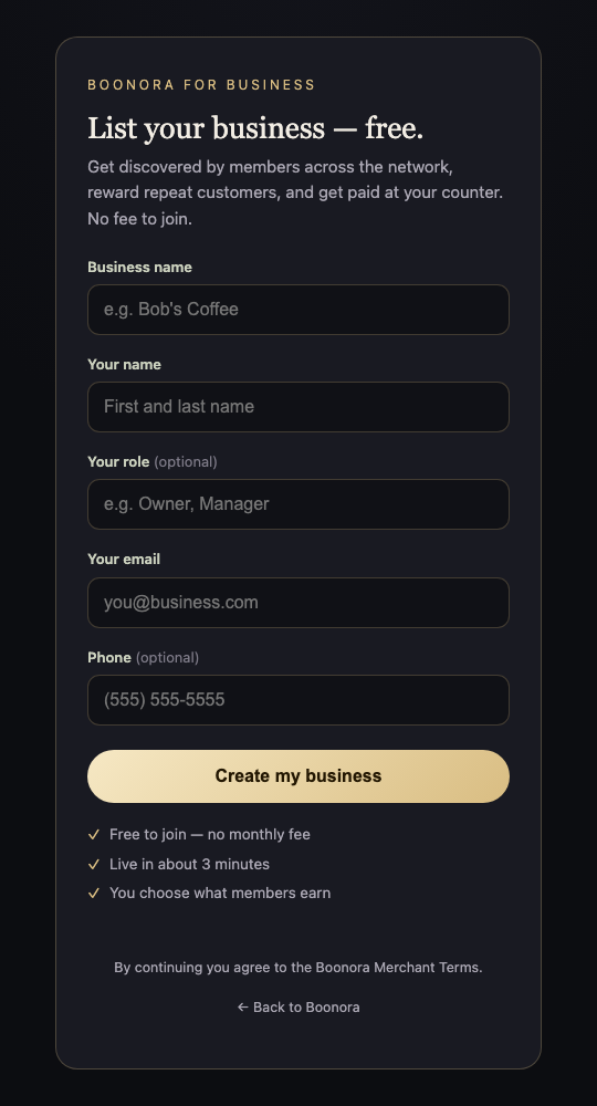 The List your business page: business name, your name, role, email, phone, and the Create my business button