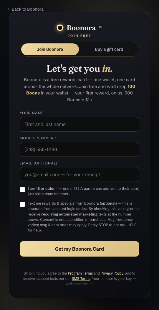 The Boonora join page: name, mobile number, optional email, and the Get my Boonora Card button