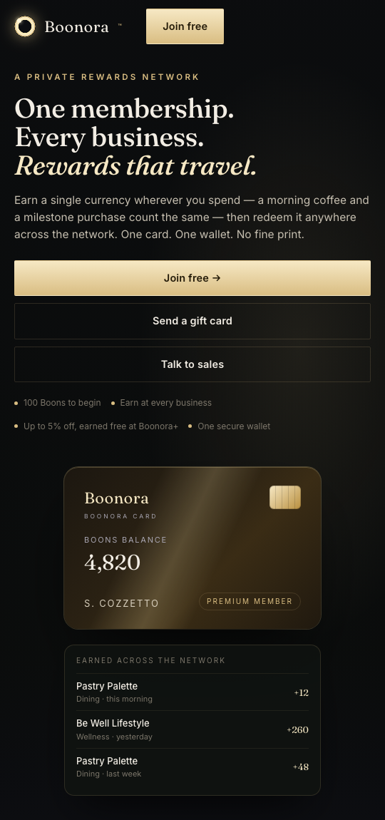 The Boonora card showing a Boons balance and a list of Boons earned across the network