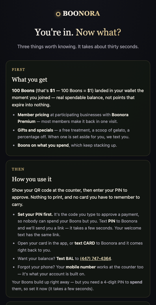 The Boonora 'You're in' quick-start page