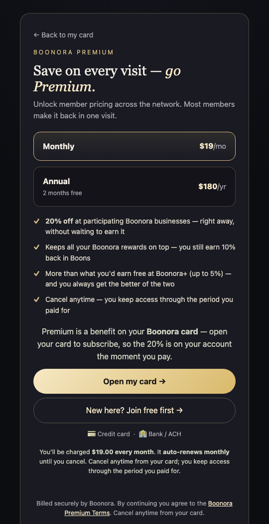 The Boonora Premium page: 20% off every visit for $19 a month or $180 a year